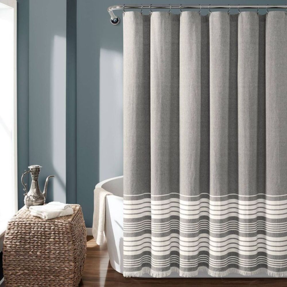 Nantucket Yarn Dyed Cotton Tassel Fringe Shower Curtain Gray/White - Lush Décor